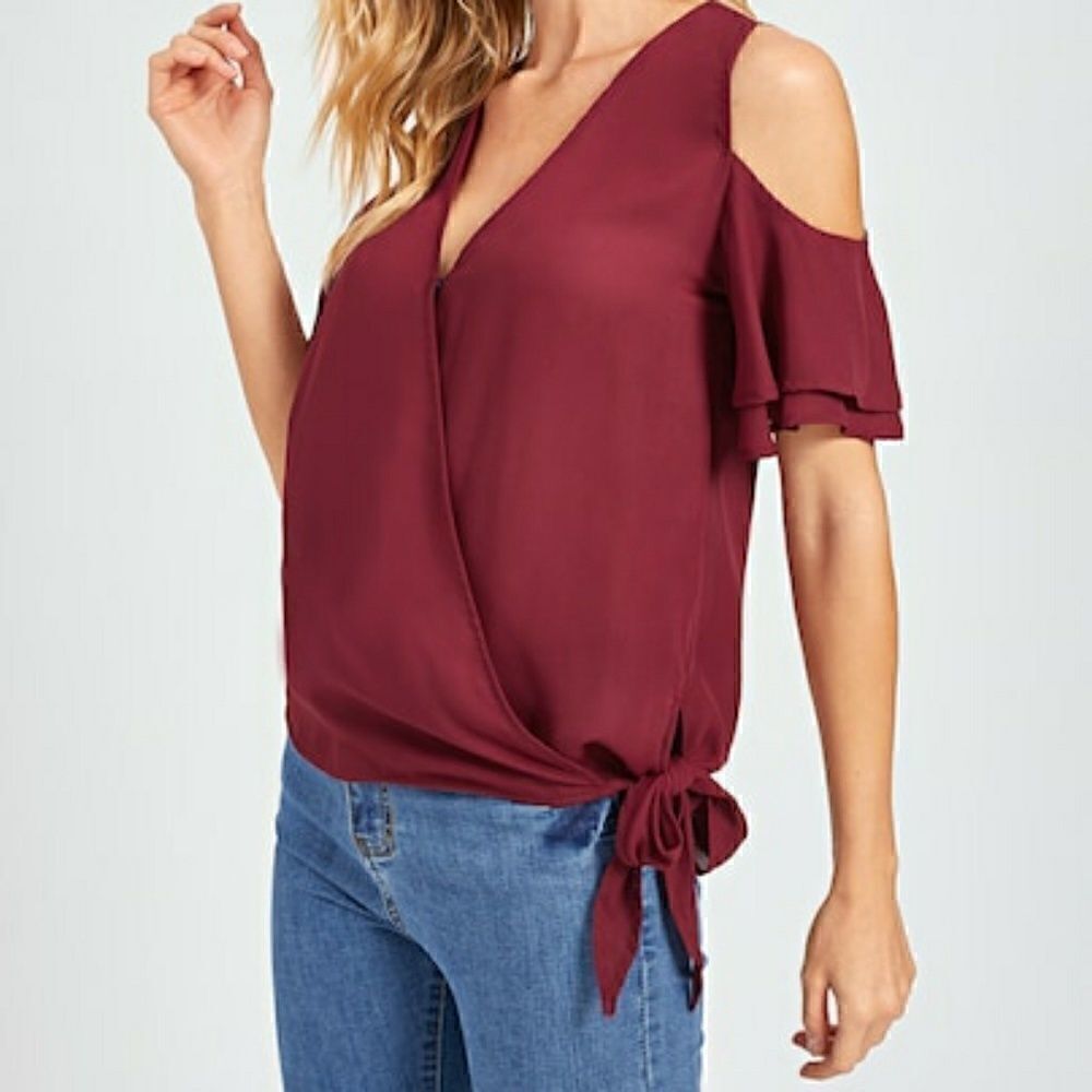 SHEIN wine cold shoulder layered sleeve wrap top, new with tags - Picture 3 of 7